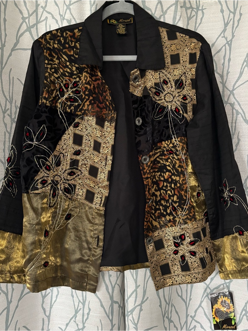 Mirasol Black & Gold Embroidered Patchwork Blazer with Red Accents